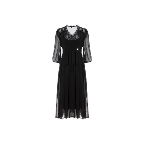 BESIONIA SS23 Длинное Платье с Длинными Рукавами Женское Черное