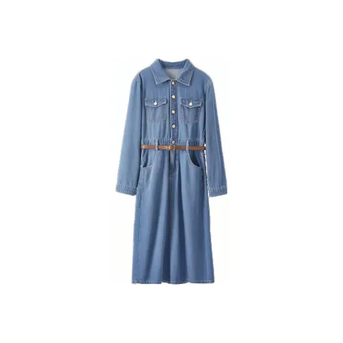 SENTUBILA Длинное платье с длинными рукавами женское джинсовый синий