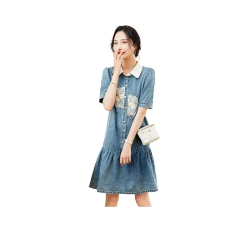 TERRE BLEUE SS24 Короткий рукав Платье Женское Джинсовый синий