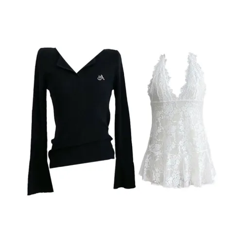 ARIADNAW STUDIO Повседневный костюм Женская Белая Кружевная Внутренняя одежда + Черный топ