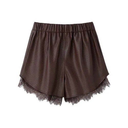 RECTO FW24 Greta Искусственная кожа Кружево Отделка Шорты Повседневные шорты Женские Темно-коричневый Темно-коричневый
