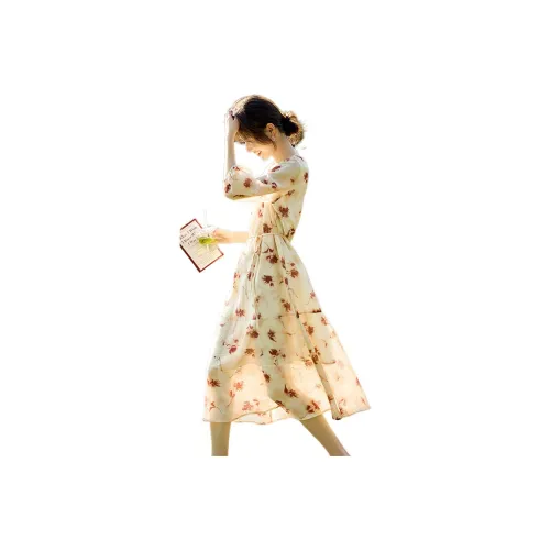 XWI Короткий рукав Платье Женское Бежевый с Красно-коричневым Многоцветный с принтом