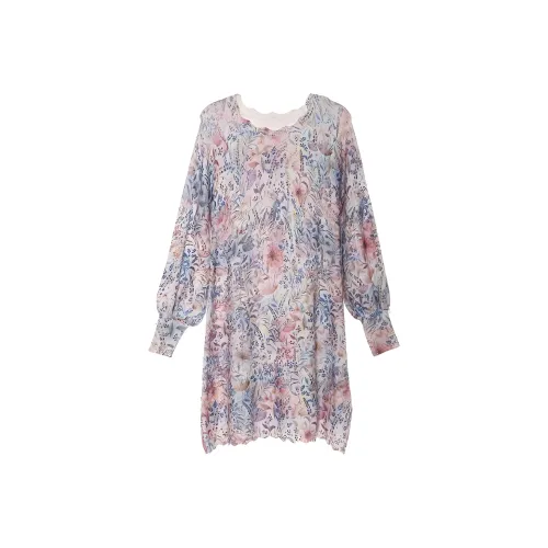 LIANCAN Длинное платье с длинными рукавами женское белое с многоцветным цветочным узором