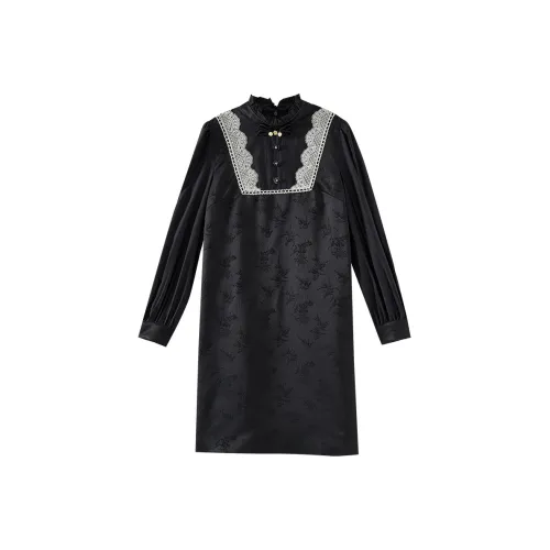 OUNIXUE Длинное платье с длинным рукавом женское черное