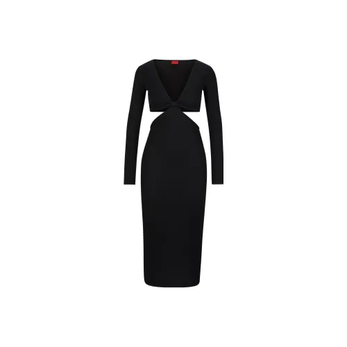 HUGO BOSS Черное Женское Длинное Платье с Длинным Рукавом
