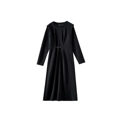 OUNIXUE Зимний Длинный С рукавами Платье Женское Черное