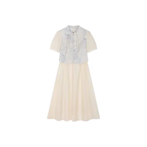 Mo Han Yi Mei SS24 Короткий рукав Платье Женское Синий и Светлый Бежевый