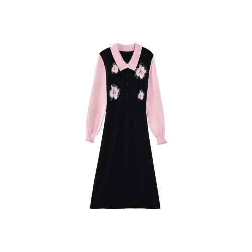 ALXNAN Длинное платье с длинными рукавами женское розовый черный