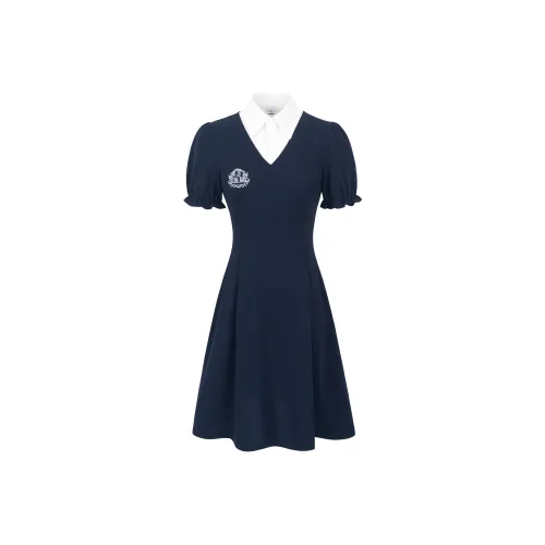 9 Кошка Лакомства Стик Короткий Рукав Платье Женское Темно-синий