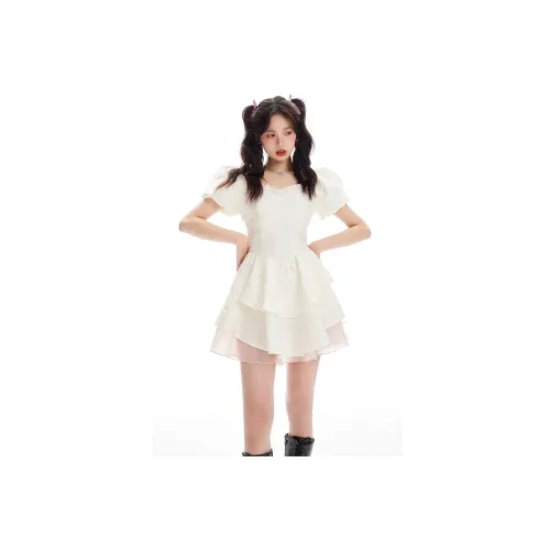 WOVLAS Короткий рукав Платье Женское Белое Кремовый