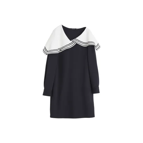 ELLE Длинное платье с длинными рукавами женское темно-синий