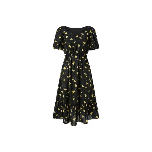 PEACEBIRD Короткий рукав Платье Женское Черный с узором