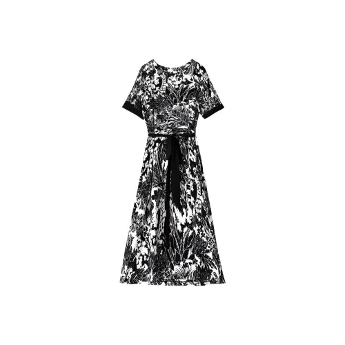 Wbwq Короткий рукав Платье Женское Черное и Белое Цветочное