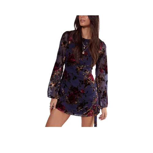 NASTY GAL Цветочный Devore Арочный Разделенный Туника Мини Платье Длинное Платье с Длинными Рукавами Женское Синий