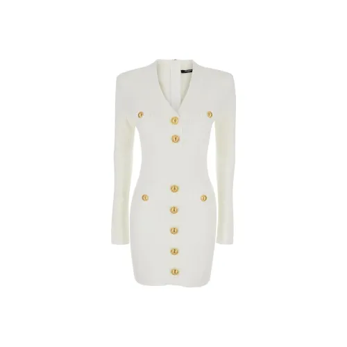 BALMAIN Длинное платье с длинными рукавами женское белое