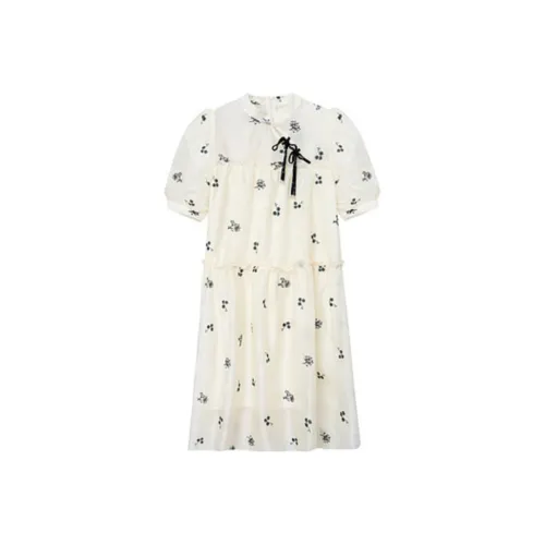 ZIHAN Короткий рукав Платье Женское Бежевое с вышивкой