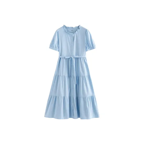 Inman Короткий рукав Платье Женское Туманно-синий