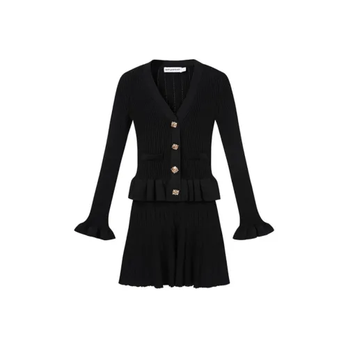 Self Portrait Длинное Платье с Длинными Рукавами Женское Классическое Черное