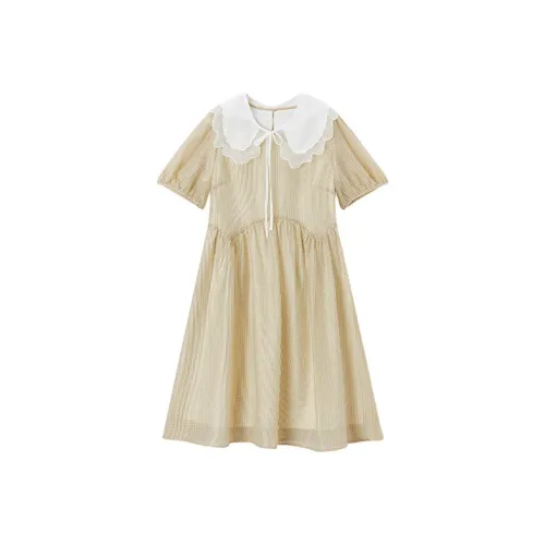 EICHITOO Короткий рукав Платье Женское Средне-желтый Клетка