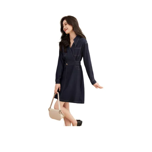 Mo Han Yi Mei Длинный рукав Платье Женское Темно-синий
