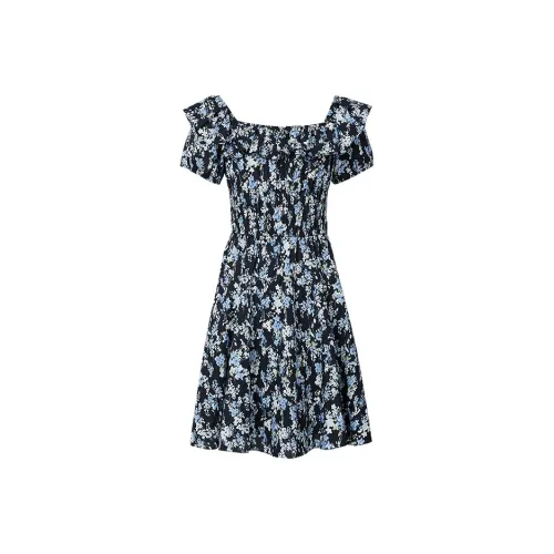 Hopeshow Короткий рукав Платье Женское Темно-синий Цветочный дизайн