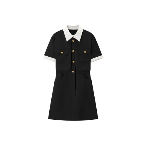 PEACEBIRD Black Женские Короткие Платья с Рукавами