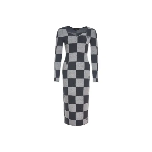 BESIONIA FW23 Длинное платье с длинными рукавами женское серая клетка