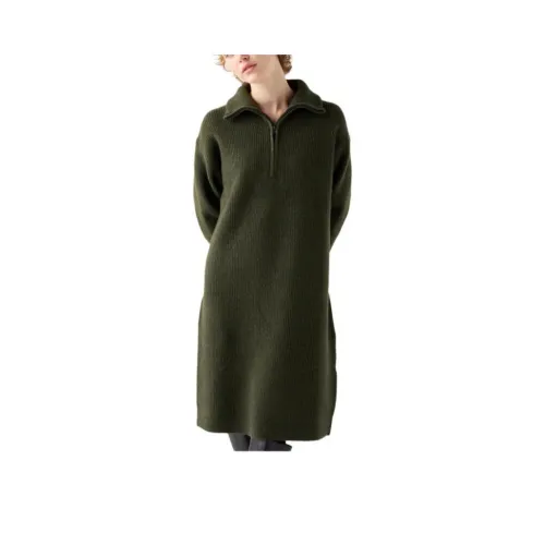 UNIQLO Длинное платье с длинными рукавами женское оливковый