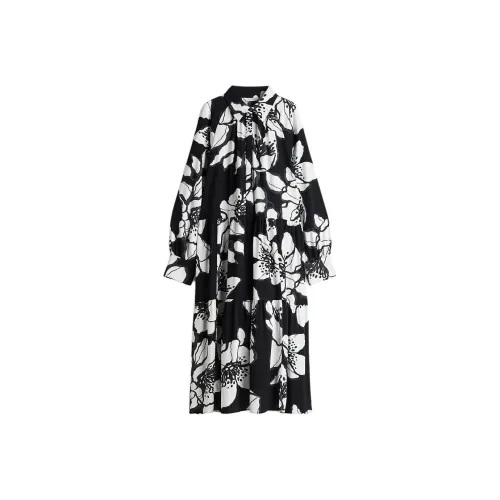 H&M Черное/Белое Цветочное Женское Платье с Длинным Рукавом