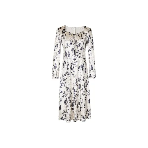 Hopeshow Длинное платье с длинными рукавами женское бежевое с черными цветами