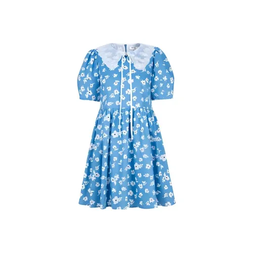 AIVEI Blue с White Цветочный Женские Короткие Платья с Рукавами