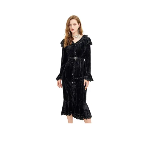 COCOON Длинное платье с длинными рукавами женское черное