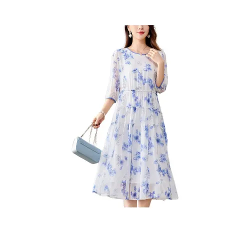 Ink Beauty SS24 Длинное платье с длинными рукавами женское синее