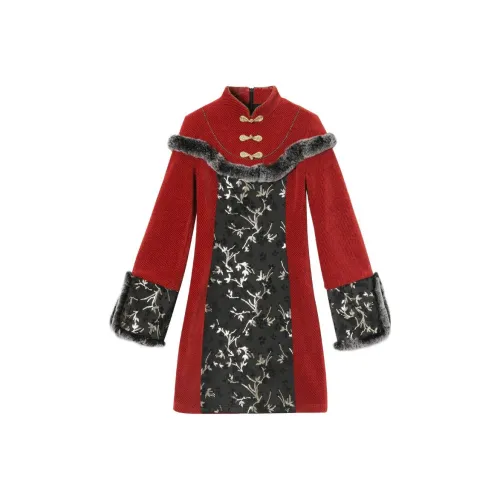 JK&JS Темно-красное женское платье с длинным рукавом