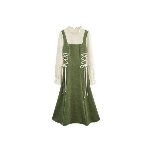 KEAB Длинное платье с длинными рукавами женское зеленое