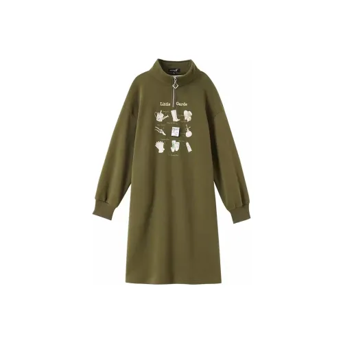 OUNIXUE Армейский зеленый Женские Длинные Платья с рукавами