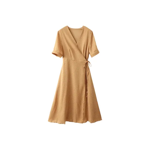 Huagaa Короткий рукав Платье Женское Желтое