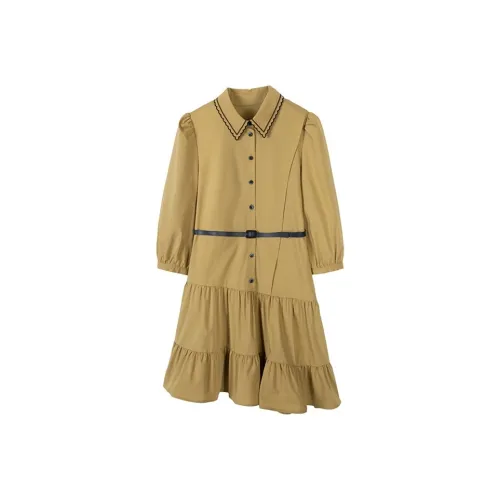 Pit Длинный рукав Платье Женское Желтый Зеленый