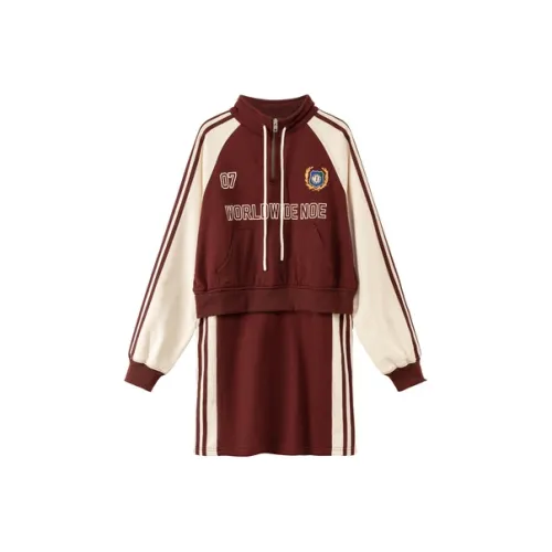 NO ONE ELSE Длинное платье с длинными рукавами женское красно-коричневого цвета