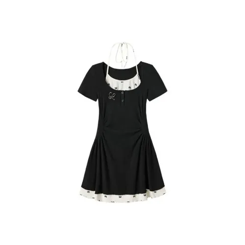 XIAOJUCHUANLI Black Женские Короткие Платья с Рукавами