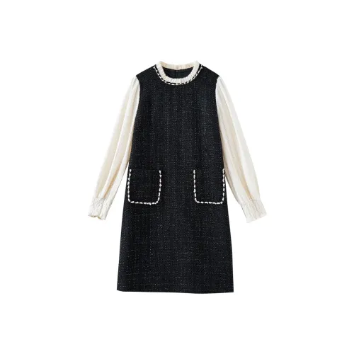 OUNIXUE Длинное платье с длинным рукавом женское черное