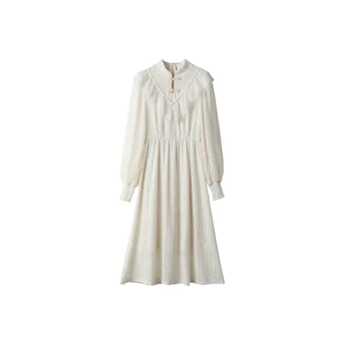 MUYI Винтажный Светлый Художественный стиль Длинное Платье с Длинными Рукавами Женское Абрикосовое