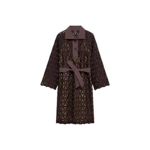 WEEKEND MaxMara Affori Коллекция Макраме And Поплин Платье Длинное с Длинными Рукавами Женское Платье Шоколадное