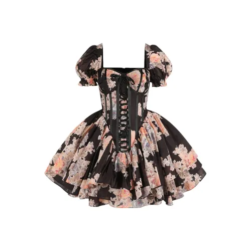 Selkie Коллекция Короткий рукав Платье Женское Черное с оранжевым свечением и принтом Закат