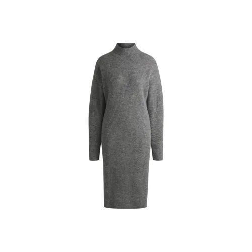 Hugo Boss FW24 Длинное платье с длинными рукавами женское серое