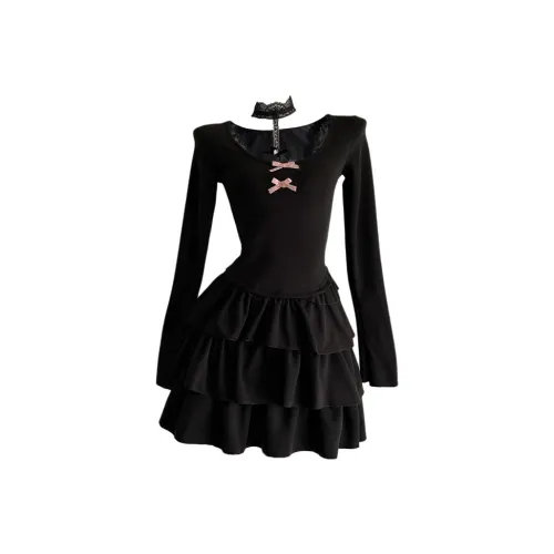 ONE PASS STUDIO Длинное платье с длинными рукавами женское черное