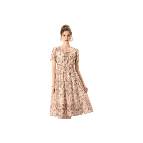 FENHONGMALI Весенний Летний Осенний Короткий рукав Платье с утяжкой на талии Женское Кофейное