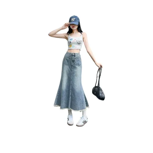YICHEN Деним Длинная Юбка Женская Синяя