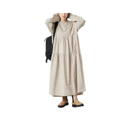 FREAK'S STORE Длинное платье с длинными рукавами женское светлый умбра