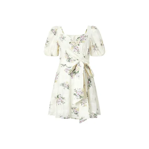 MOISSAC Короткий рукав Платье Женское Бежевый Цветочный Желтый